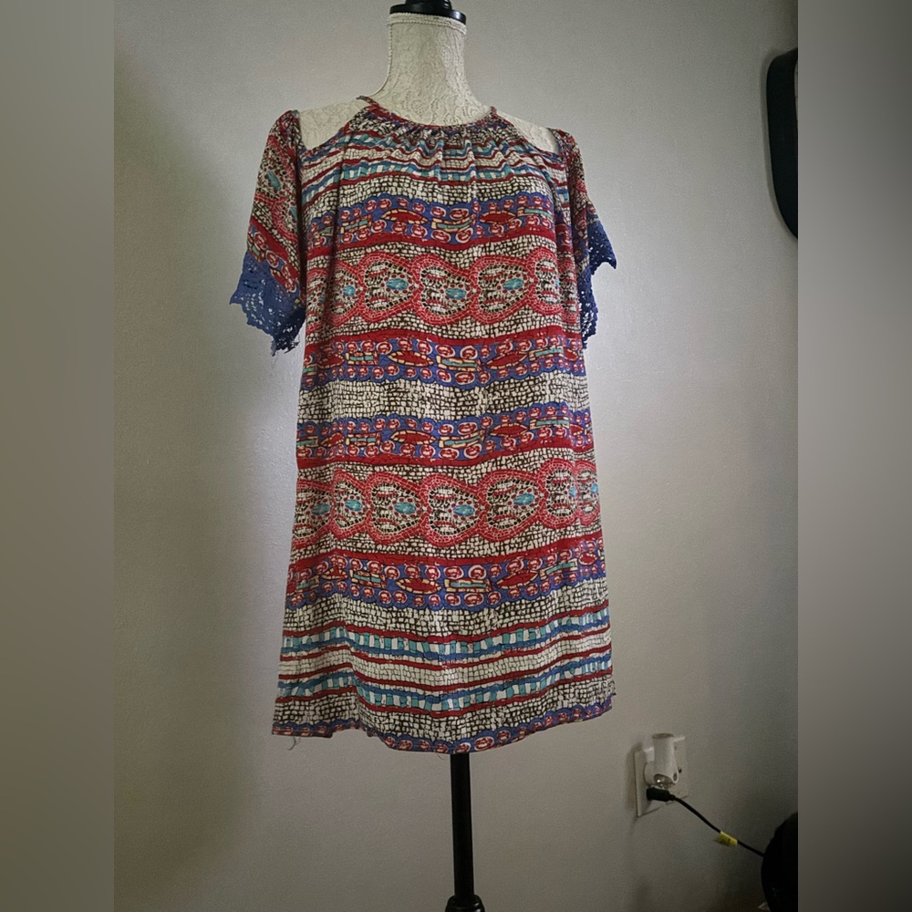 Boho Printed Mini Dress with Blue Lace Trim